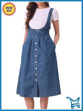 Sleeveless Denim Button Down Suspenders Overall Dress Midi